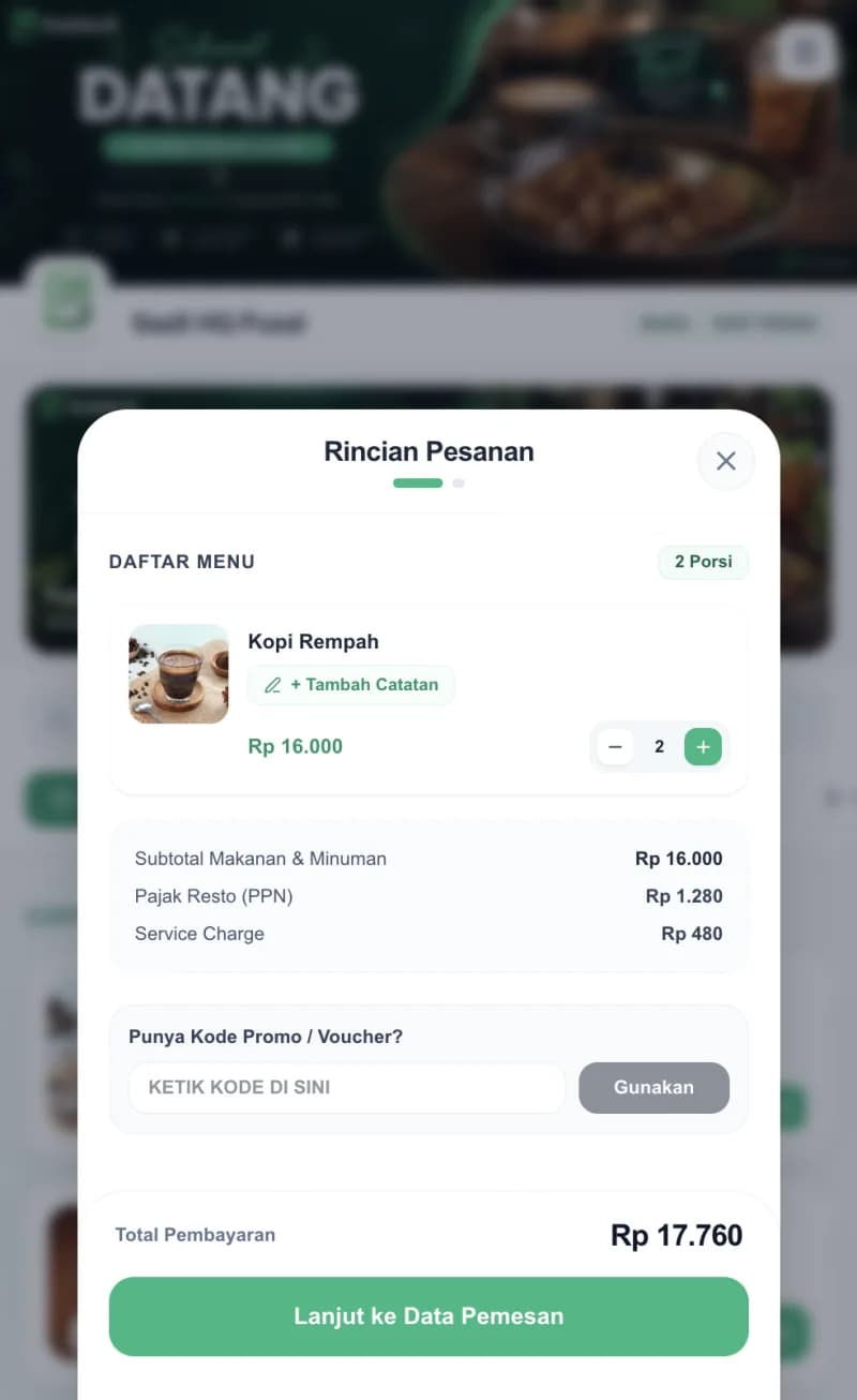 Ringkasan pesanan Kopi Rempah pada storefront Scanly.id