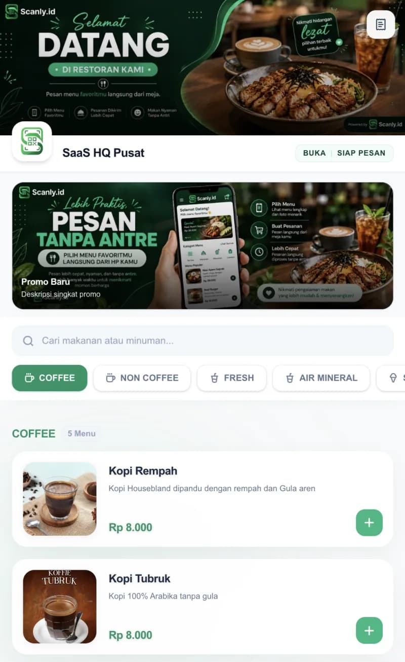 Storefront Scanly.id dengan banner restoran, QR ordering, kategori menu, dan daftar makanan